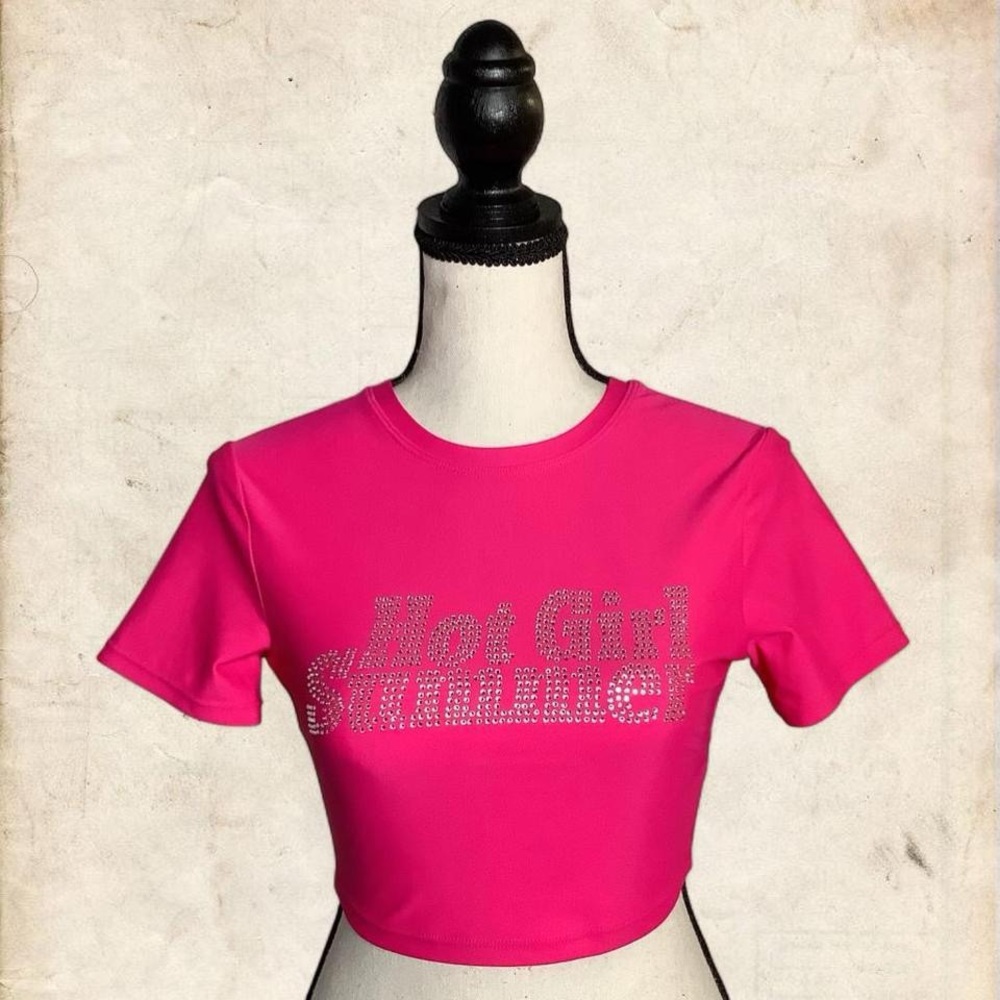 Hot Pink Crop Top with Rhinestone Design